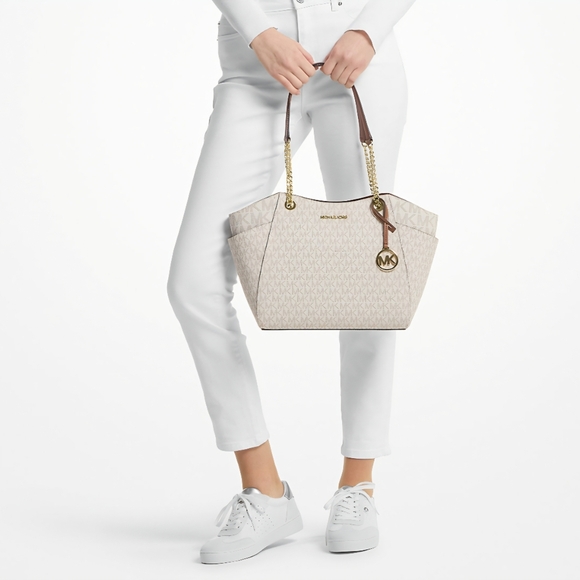 Michael Kors Handbags - Michael Kors Jet Set Large Signature Logo Shoulder Bag Vanilla With Dust Bag